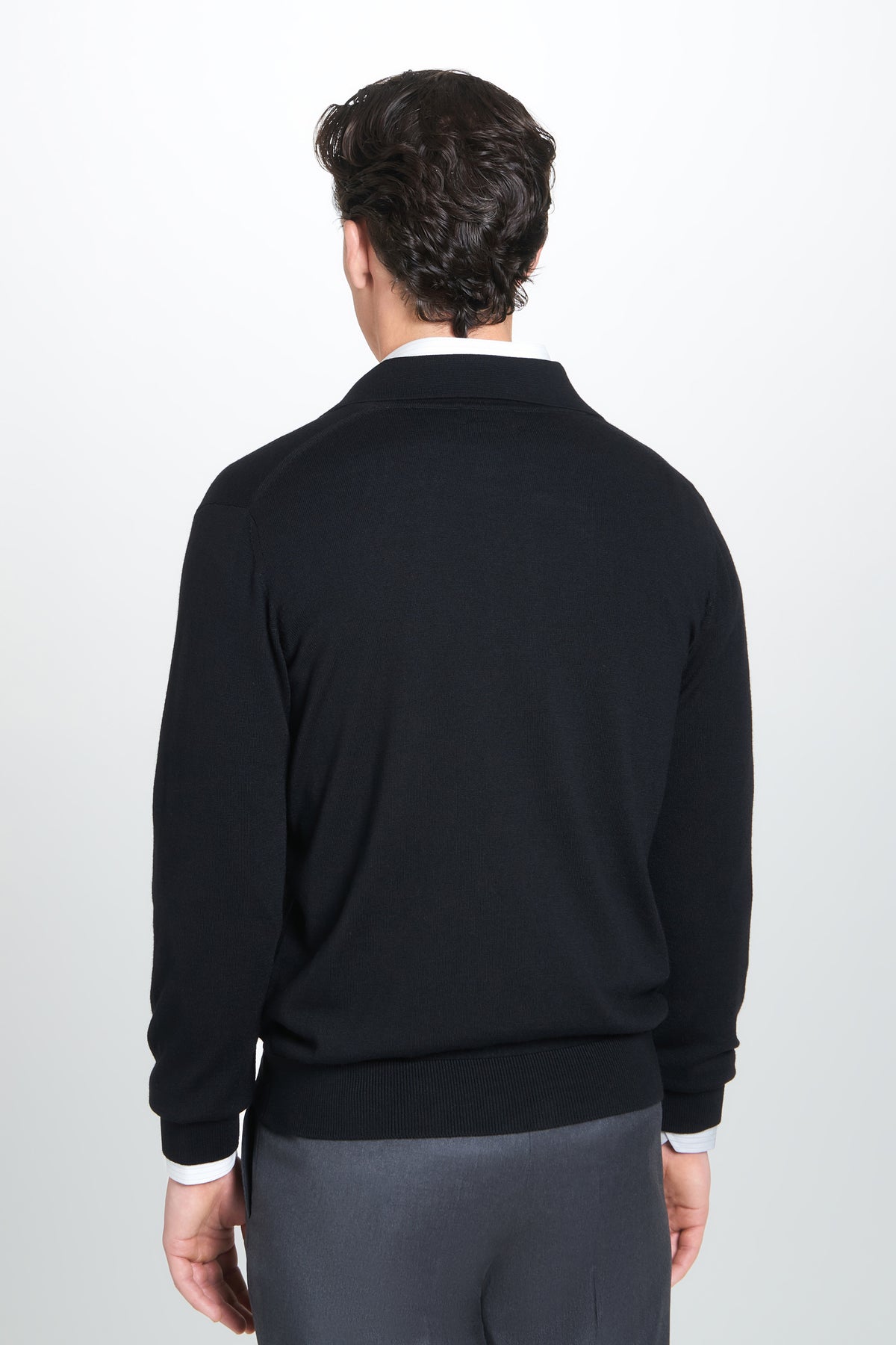 Black Merino Wool Long Sleeve Polo Shirt