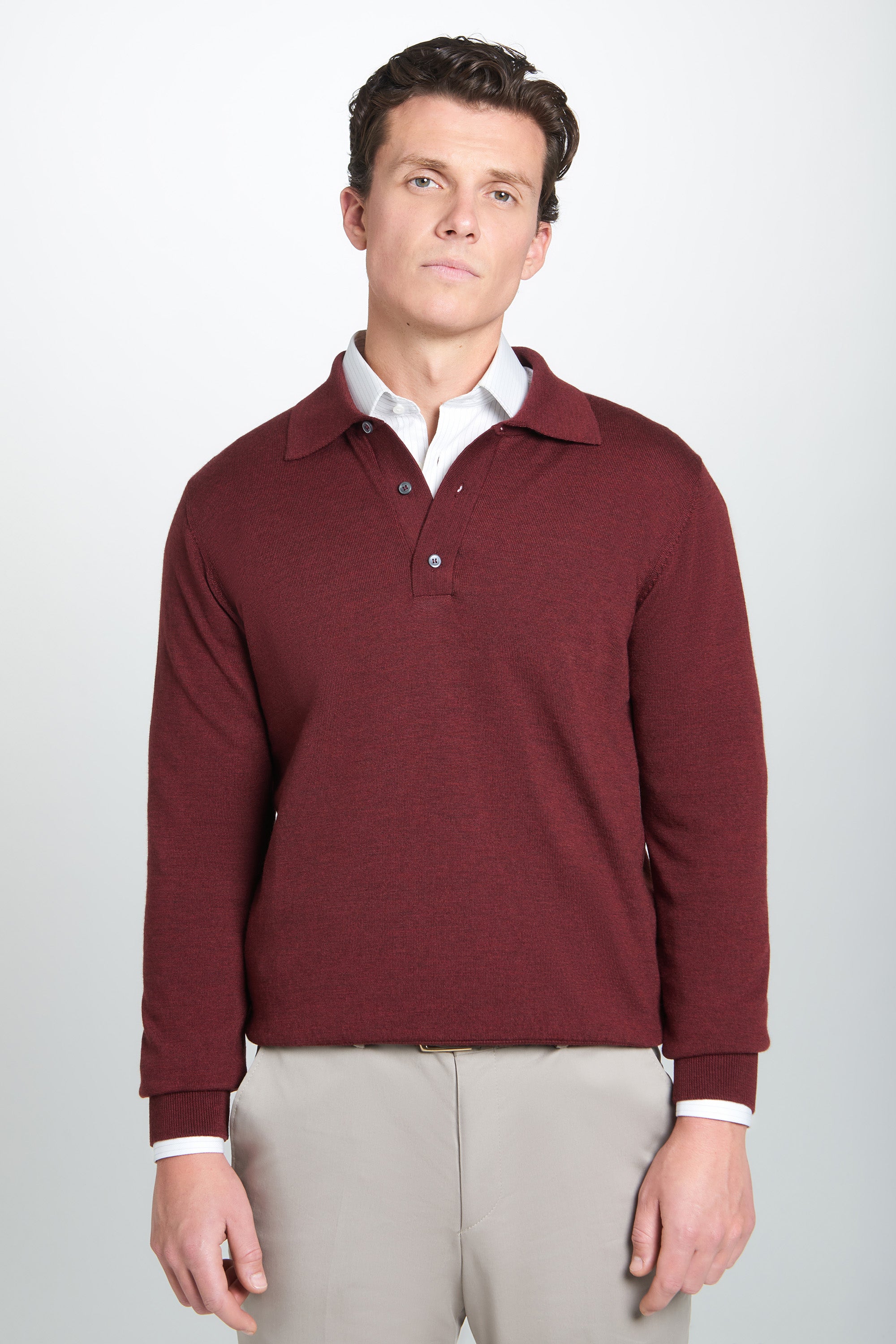 Burgundy Merino Wool Long Sleeve Polo Shirt