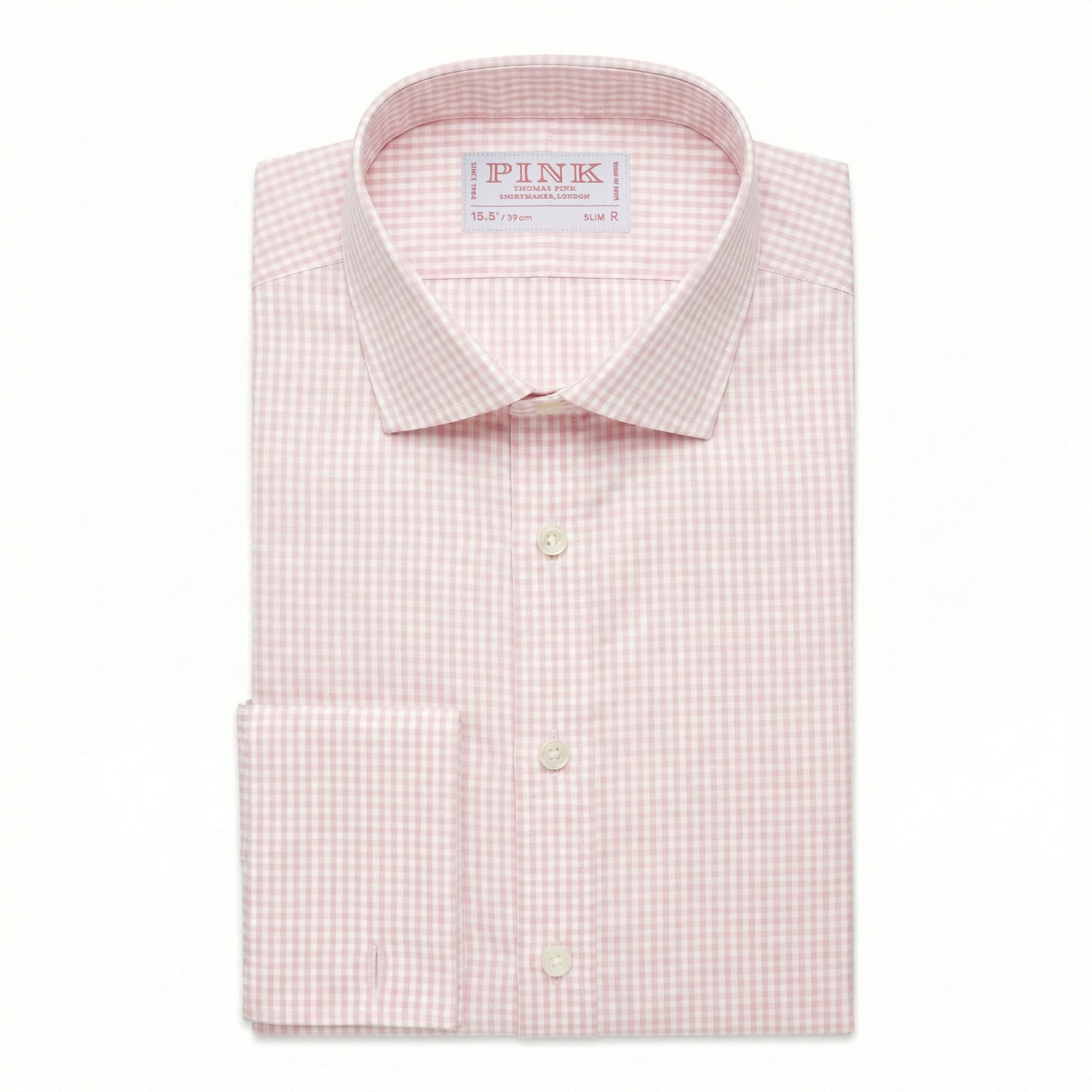 Pale Pink & White Slim Fit Double Cuff Essential Gingham Formal Shirt