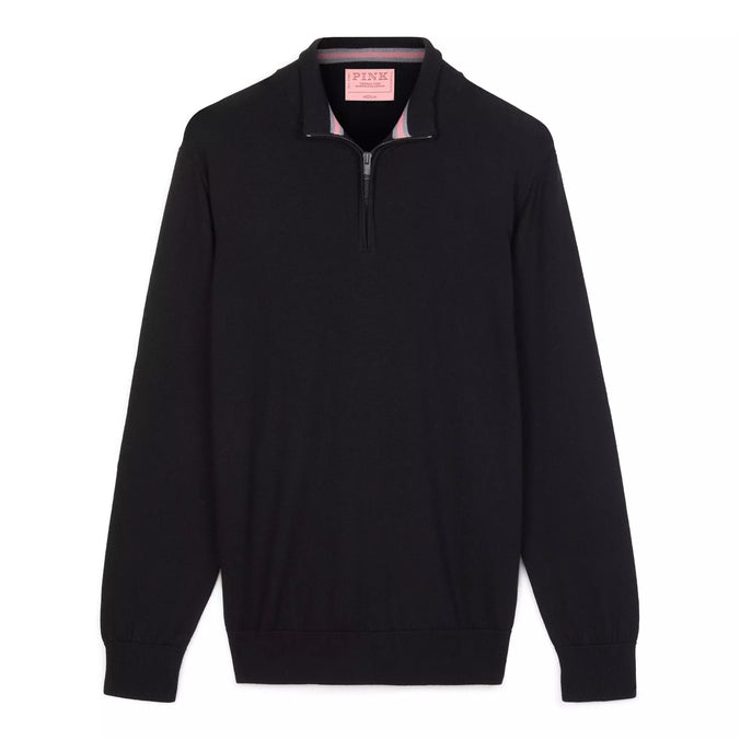 Black Merino Wool Zip Neck Sweater