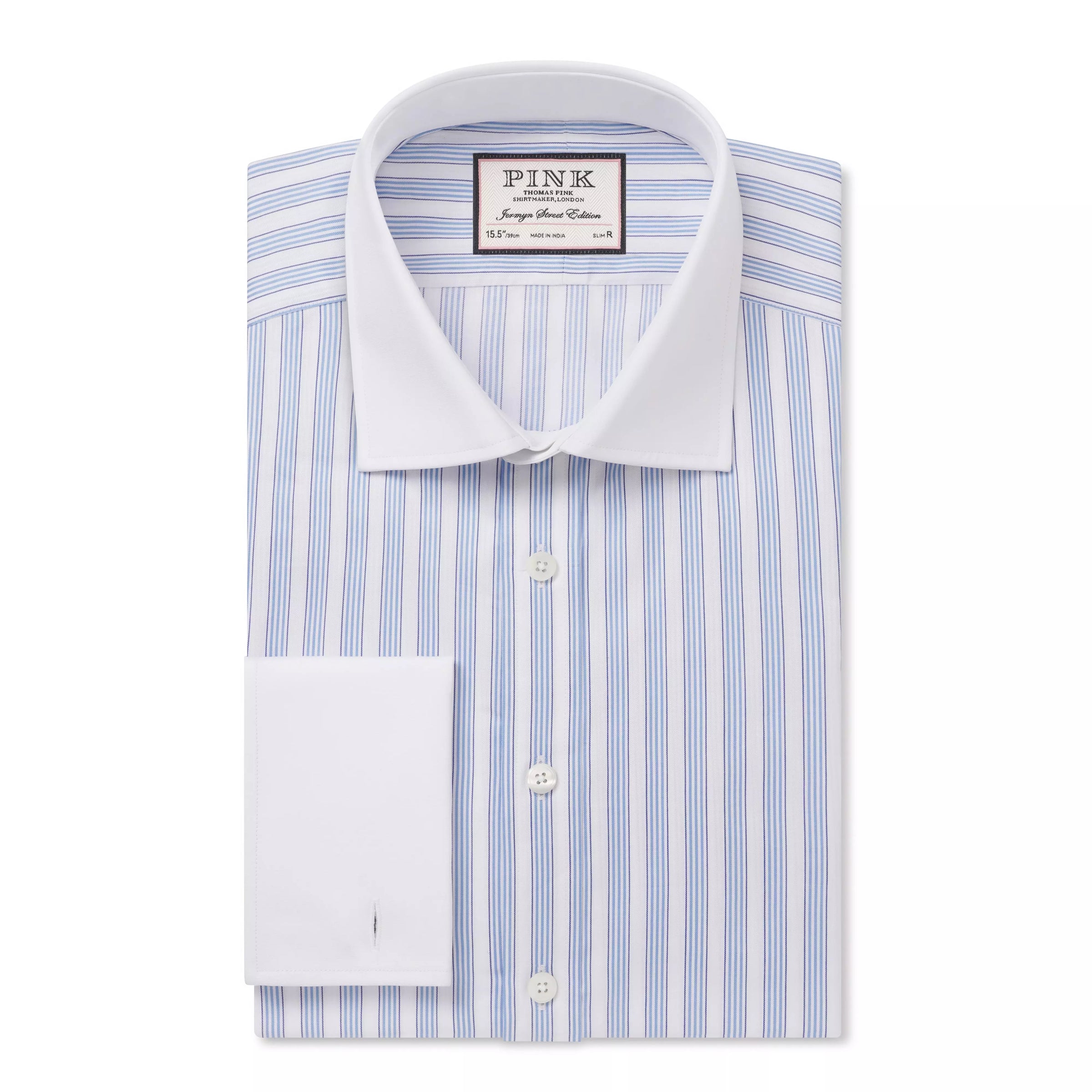 Pale Blue & White Slim Fit Formal Double Cuff Barbican Stripe Shirt