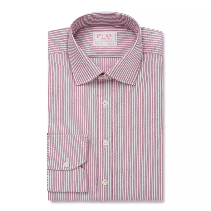 Deep Red & White Classic Fit Piquet Stripe Formal Shirt