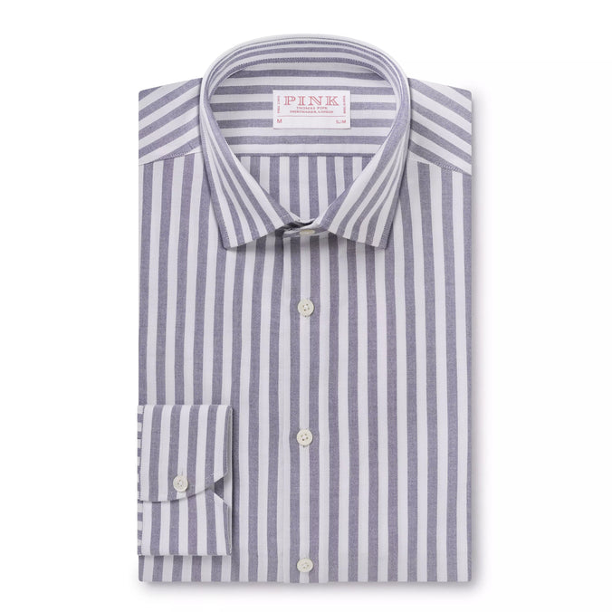 Navy Blue & White Slim Fit Smart Casual Striped Oxford Shirt